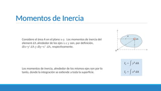 Momentos de Inercia
Considere el área A en el plano x-y. Los momentos de inercia del
element dA alrededor de los ejes x e y son, por definición,
dIx=y2
.dA y dIy=x2
.dA, respectivamente.
Los momentos de inercia, alrededor de los mismos ejes son por lo
tanto, donde la integración se extiende a toda la superficie.
 
