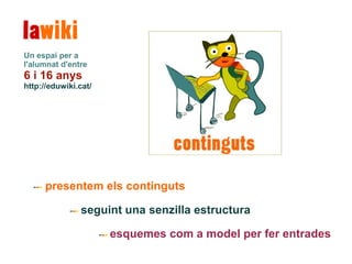 Un espai per a
l'alumnat d'entre
6 i 16 anys
http://eduwiki.cat/




  ---   presentem els continguts

            --- seguint   una senzilla estructura

                      --- esquemes   com a model per fer entrades
 