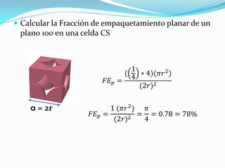  Calcular la Fracción de empaquetamiento planar de un
plano 100 en una celda CS
a = 2r
𝐹𝐸 𝑝 =
(
1
4 ∗ 4)(𝜋𝑟2)
(2𝑟)2
𝐹𝐸 𝑝 =
1 (𝜋𝑟2
)
(2𝑟)2 =
𝜋
4
= 0.78 = 78%
 