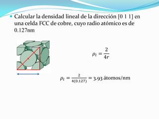  Calcular la densidad lineal de la dirección [0 1 1] en
una celda FCC de cobre, cuyo radio atómico es de
0.127nm
𝜌𝑙 =
2
4𝑟
𝜌𝑙 =
2
4(0.127)
= 3.93 átomos/nm
 