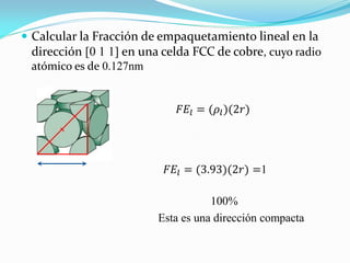  Calcular la Fracción de empaquetamiento lineal en la
dirección [0 1 1] en una celda FCC de cobre, cuyo radio
atómico es de 0.127nm
100%
Esta es una dirección compacta
𝐹𝐸𝑙 = (𝜌𝑙)(2𝑟)
𝐹𝐸𝑙 = (3.93)(2𝑟) =1
 