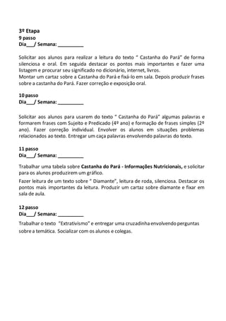 3º Etapa 
9 passo 
Dia___/ Semana: __________ 
Solicitar aos alunos para realizar a leitura do texto “ Castanha do Pará” de forma 
silenciosa e oral. Em seguida destacar os pontos mais importantes e fazer uma 
listagem e procurar seu significado no dicionário, internet, livros. 
Montar um cartaz sobre a Castanha do Pará e fixá-lo em sala. Depois produzir frases 
sobre a castanha do Pará. Fazer correção e exposição oral. 
10 passo 
Dia___/ Semana: __________ 
Solicitar aos alunos para usarem do texto “ Castanha do Pará” algumas palavras e 
formarem frases com Sujeito e Predicado (4º ano) e formação de frases simples (2º 
ano). Fazer correção individual. Envolver os alunos em situações problemas 
relacionados ao texto. Entregar um caça palavras envolvendo palavras do texto. 
11 passo 
Dia___/ Semana: __________ 
Trabalhar uma tabela sobre Castanha do Pará - Informações Nutricionais, e solicitar 
para os alunos produzirem um gráfico. 
Fazer leitura de um texto sobre “ Diamante”, leitura de roda, silenciosa. Destacar os 
pontos mais importantes da leitura. Produzir um cartaz sobre diamante e fixar em 
sala de aula. 
12 passo 
Dia___/ Semana: __________ 
Trabalhar o texto “Extrativismo” e entregar uma cruzadinha envolvendo perguntas 
sobre a temática. Socializar com os alunos e colegas. 
 