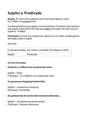Sujeito e Predicado 
Sujeito: É o termo da oração do qual informamos alguma coisa. 
Ex: A Maria foi comprar livros. 
A sentença informa que alguém foi comprar livros. Podemos dizer também 
que sujeito é todo termo da frase que pratica uma ação. Na frase acima o 
sujeito é: "A Maria". 
Predicado: é o termo da oração que, através de um verbo, projeta alguma 
afirmação sobre o sujeito. 
Exemplo: 
A pequena criança me contou a novidade com alegria no olhar. 
Sujeito Predicado 
Outros Exemplos 
Paulo foi o artilheiro do campeonato mirim. 
Sujeito – Paulo 
Predicado – foi o artilheiro do campeonato mirim 
O passeio ao shopping foi divertido. 
Sujeito – o passeio ao shopping 
Predicado- foi divertido 
As guloseimas do aniversário estavam deliciosas. 
Sujeito – As guloseimas do aniversário 
Predicado – estavam deliciosas. 
