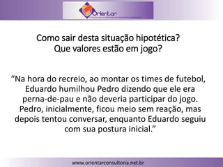 Como sair desta situação hipotética?
Que valores estão em jogo?
“Na hora do recreio, ao montar os times de futebol,
Eduardo humilhou Pedro dizendo que ele era
perna-de-pau e não deveria participar do jogo.
Pedro, inicialmente, ficou meio sem reação, mas
depois tentou conversar, enquanto Eduardo seguiu
com sua postura inicial.”
 