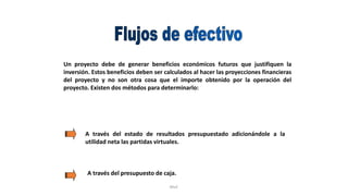 Rhvf.
Un proyecto debe de generar beneficios económicos futuros que justifiquen la
inversión. Estos beneficios deben ser calculados al hacer las proyecciones financieras
del proyecto y no son otra cosa que el importe obtenido por la operación del
proyecto. Existen dos métodos para determinarlo:
A través del estado de resultados presupuestado adicionándole a la
utilidad neta las partidas virtuales.
A través del presupuesto de caja.
 