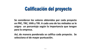 Rhvf.
Se consideran los valores obtenidos por cada proyecto
en PRC, TRC, VAN y TIR. A cada uno de los métodos se le
asigna un porcentaje según la importancia que tengan
para la empresa.
Así, de manera ponderada se califica cada proyecto. Se
selecciona el de mayor puntuación.
 
