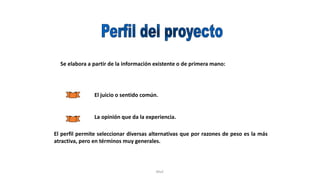 Rhvf.
Se elabora a partir de la información existente o de primera mano:
El juicio o sentido común.
La opinión que da la experiencia.
El perfil permite seleccionar diversas alternativas que por razones de peso es la más
atractiva, pero en términos muy generales.
 