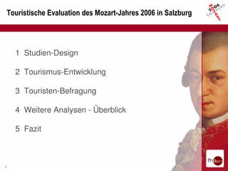 Touristische Evaluation des Mozart-Jahres 2006 in Salzburg




      1 Studien-Design

      2 Tourismus-Entwicklung

      3 Touristen-Befragung

      4 Weitere Analysen - Überblick

      5 Fazit



2
 