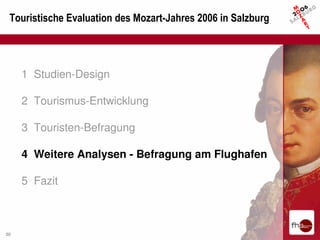 Touristische Evaluation des Mozart-Jahres 2006 in Salzburg




     1 Studien-Design

     2 Tourismus-Entwicklung

     3 Touristen-Befragung

     4 Weitere Analysen - Befragung am Flughafen

     5 Fazit



30
 
