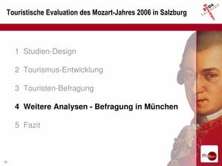 Touristische Evaluation des Mozart-Jahres 2006 in Salzburg




     1 Studien-Design

     2 Tourismus-Entwicklung

     3 Touristen-Befragung

     4 Weitere Analysen - Befragung in München

     5 Fazit



35
 