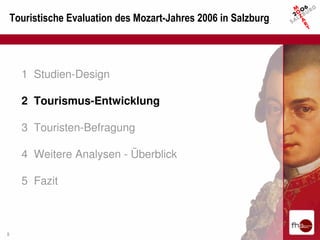 Touristische Evaluation des Mozart-Jahres 2006 in Salzburg




      1 Studien-Design

      2 Tourismus-Entwicklung

      3 Touristen-Befragung

      4 Weitere Analysen - Überblick

      5 Fazit



5
 