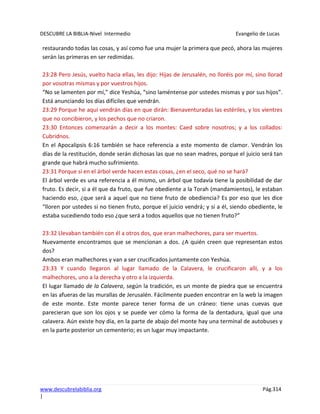 DESCUBRE LA BIBLIA-Nivel Intermedio Evangelio de Lucas
www.descubrelabiblia.org Pág.314
|
restaurando todas las cosas, y así como fue una mujer la primera que pecó, ahora las mujeres
serán las primeras en ser redimidas.
23:28 Pero Jesús, vuelto hacia ellas, les dijo: Hijas de Jerusalén, no lloréis por mí, sino llorad
por vosotras mismas y por vuestros hijos.
“No se lamenten por mí,” dice Yeshúa, “sino laméntense por ustedes mismas y por sus hijos”.
Está anunciando los días difíciles que vendrán.
23:29 Porque he aquí vendrán días en que dirán: Bienaventuradas las estériles, y los vientres
que no concibieron, y los pechos que no criaron.
23:30 Entonces comenzarán a decir a los montes: Caed sobre nosotros; y a los collados:
Cubridnos.
En el Apocalipsis 6:16 también se hace referencia a este momento de clamor. Vendrán los
días de la restitución, donde serán dichosas las que no sean madres, porque el juicio será tan
grande que habrá mucho sufrimiento.
23:31 Porque si en el árbol verde hacen estas cosas, ¿en el seco, qué no se hará?
El árbol verde es una referencia a él mismo, un árbol que todavía tiene la posibilidad de dar
fruto. Es decir, si a él que da fruto, que fue obediente a la Torah (mandamientos), le estaban
haciendo eso, ¿que será a aquel que no tiene fruto de obediencia? Es por eso que les dice
“lloren por ustedes si no tienen fruto, porque el juicio vendrá; y si a él, siendo obediente, le
estaba sucediendo todo eso ¿que será a todos aquellos que no tienen fruto?”
23:32 Llevaban también con él a otros dos, que eran malhechores, para ser muertos.
Nuevamente encontramos que se mencionan a dos. ¿A quién creen que representan estos
dos?
Ambos eran malhechores y van a ser crucificados juntamente con Yeshúa.
23:33 Y cuando llegaron al lugar llamado de la Calavera, le crucificaron allí, y a los
malhechores, uno a la derecha y otro a la izquierda.
El lugar llamado de la Calavera, según la tradición, es un monte de piedra que se encuentra
en las afueras de las murallas de Jerusalén. Fácilmente pueden encontrar en la web la imagen
de este monte. Este monte parece tener forma de un cráneo: tiene unas cuevas que
parecieran que son los ojos y se puede ver cómo la forma de la dentadura, igual que una
calavera. Aún existe hoy día, en la parte de abajo del monte hay una terminal de autobuses y
en la parte posterior un cementerio; es un lugar muy impactante.
 
