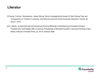 Literatur

 [1] Huang, Yunchen; Strawderman, Lesley; Murray, Darryl „Investigating the Impact of Task Change Type and
       Transparency on Transfer of Learning“, International Journal of Human-Computer Interaction; Volume 28,
       Issue 1, 2012

 [2] C. Swertz, „Customized Learning Sequences (CLS) by Metadata“ In Microlearning: Emerging Concepts,
       Practises and Technologies after e-Learning. Proceedings of Microlearning 2005. Learning & Working in New
       Media, Insbruck Universtity Press, pp. 55-70, Insbruck 2006




23
 