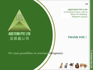 ©AreteonPteLtd
14
ARETEON PTE LTD
亚绿基公司
We create possibilities in veterinary therapeutics
ARETEON PTE LTD
19 Tai Seng Avenue, #06-19
Home-Fix Building,
Singapore 534054
THANK YOU !
 