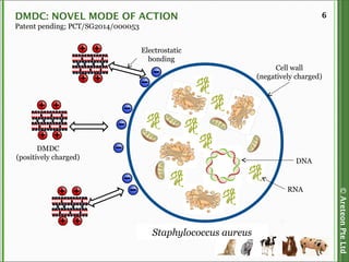 ©AreteonPteLtd
6DMDC: NOVEL MODE OF ACTION
Patent pending; PCT/SG2014/000053
RNA
DNA
Cell wall
(negatively charged)
Staphylococcus aureus
DMDC
(positively charged)
Electrostatic
bonding
 