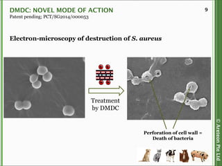 ©AreteonPteLtd
9DMDC: NOVEL MODE OF ACTION
Patent pending; PCT/SG2014/000053
Treatment
by DMDC
Electron-microscopy of destruction of S. aureus
Perforation of cell wall =
Death of bacteria
 