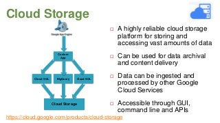 Cloud Storage




Custom
App

Cloud SQL

BigQuery

Cloud SQL

Cloud Storage

A highly reliable cloud storage
platform for storing and
accessing vast amounts of data
Can be used for data archival
and content delivery



Data can be ingested and
processed by other Google
Cloud Services



Accessible through GUI,
command line and APIs

https://cloud.google.com/products/cloud-storage

 