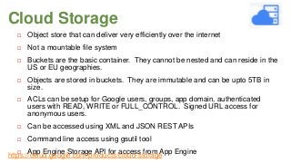 Cloud Storage


Object store that can deliver very efficiently over the internet



Not a mountable file system



Buckets are the basic container. They cannot be nested and can reside in the
US or EU geographies.



Objects are stored in buckets. They are immutable and can be upto 5TB in
size.



ACLs can be setup for Google users, groups, app domain, authenticated
users with READ, WRITE or FULL_CONTROL. Signed URL access for
anonymous users.



Can be accessed using XML and JSON REST APIs



Command line access using gsutil tool

 App Engine Storage API for access from App Engine
https://cloud.google.com/products/cloud-storage

 