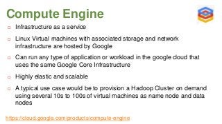 Compute Engine


Infrastructure as a service



Linux Virtual machines with associated storage and network
infrastructure are hosted by Google



Can run any type of application or workload in the google cloud that
uses the same Google Core Infrastructure



Highly elastic and scalable



A typical use case would be to provision a Hadoop Cluster on demand
using several 10s to 100s of virtual machines as name node and data
nodes

https://cloud.google.com/products/compute-engine

 
