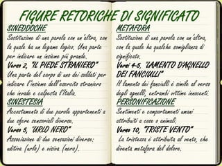 FIGURE RETORICHE DI SIGNIFICATO
SINEDDOCHE
Sostituzione di una parola con un’altra, con
la quale ha un legame logico. Una parte
per indicare un insieme più grande.
Verso 2, “IL PIEDE STRANIERO”
Una parte del corpo di uno dei soldati per
indicare l’insieme dell’esercito straniero
che invade e calpesta l'Italia.
SINESTESIA
Accostamento di due parole appartenenti a
due sfere sensoriali diverse.
Verso 5, “URLO NERO”
Associazione di due sensazioni diverse:
uditiva (urlo) e visiva (nero).
METAFORA
Sostituzione di una parola con un’altra,
con la quale ha qualche somiglianza di
significato.
Versi 4-5, “LAMENTO D'AGNELLO
DEI FANCIULLI”
Il lamento dei fanciulli è simile al verso
degli agnelli, entrambi vittime innocenti.
PERSONIFICAZIONE
Sentimenti e comportamenti umani
attribuiti a cose o animali.
Verso 10, “TRISTE VENTO”
La tristezza è attribuita al vento, che
diventa metafora del dolore.
 