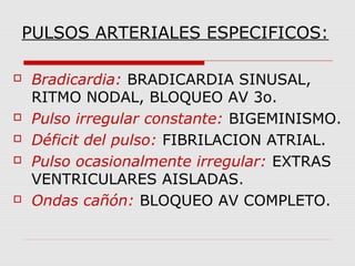 PULSOS ARTERIALES ESPECIFICOS:
 Bradicardia: BRADICARDIA SINUSAL,
RITMO NODAL, BLOQUEO AV 3o.
 Pulso irregular constante: BIGEMINISMO.
 Déficit del pulso: FIBRILACION ATRIAL.
 Pulso ocasionalmente irregular: EXTRAS
VENTRICULARES AISLADAS.
 Ondas cañón: BLOQUEO AV COMPLETO.
 