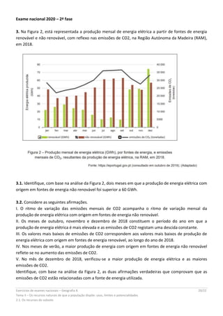 Exercícios de exames nacionais – Geografia A 20/22
Tema II – Os recursos naturais de que a população dispõe: usos, limites e potencialidades
2.1. Os recursos do subsolo
Exame nacional 2020 – 2ª fase
3. Na Figura 2, está representada a produção mensal de energia elétrica a partir de fontes de energia
renovável e não renovável, com reflexo nas emissões de CO2, na Região Autónoma da Madeira (RAM),
em 2018.
3.1. Identifique, com base na análise da Figura 2, dois meses em que a produção de energia elétrica com
origem em fontes de energia não renovável foi superior a 60 GWh.
3.2. Considere as seguintes afirmações.
I. O ritmo de variação das emissões mensais de CO2 acompanha o ritmo de variação mensal da
produção de energia elétrica com origem em fontes de energia não renovável.
II. Os meses de outubro, novembro e dezembro de 2018 constituem o período do ano em que a
produção de energia elétrica é mais elevada e as emissões de CO2 registam uma descida constante.
III. Os valores mais baixos de emissões de CO2 correspondem aos valores mais baixos de produção de
energia elétrica com origem em fontes de energia renovável, ao longo do ano de 2018.
IV. Nos meses de verão, a maior produção de energia com origem em fontes de energia não renovável
reflete-se no aumento das emissões de CO2.
V. No mês de dezembro de 2018, verificou-se a maior produção de energia elétrica e as maiores
emissões de CO2.
Identifique, com base na análise da Figura 2, as duas afirmações verdadeiras que comprovam que as
emissões de CO2 estão relacionadas com a fonte de energia utilizada.
 