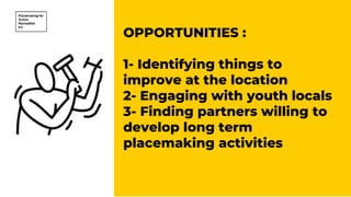 OPPORTUNITIES :
1- Identifying things to
improve at the location
2- Engaging with youth locals
3- Finding partners willing to
develop long term
placemaking activities
 