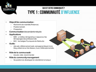 •   Objectif de communication :
     –   Recherche de notoriété (Présence)
     –   Positionnement.
     –   Prospection.
•   Communication descendante relayée
•   Applications
     –   B2B : un éditeur de logiciel qui s’appuie sur les
         témoignages des professionnels
     –   B2C : les badges Foursquare de Starbucks
•   Outils :
     –   site web, référencement web, campagnes blog et micro
         blog, présence sur les réseaux, buzz, billets sponsorisés,
         …
•   Rôle de la communauté :
     –   écouter, voter, recommander
•   Rôle du community management :
     –   Se positionner, développer la notoriété de la marque
 