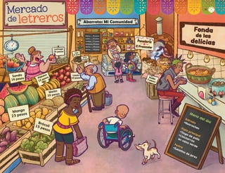 de
de letreros
letreros
Mercado
Mercado
Abarrotes Mi Comunidad
Panadería
Panadería
El Preescolar
El Preescolar
Fonda
Fonda
de las
de las
delicias
delicias
Huevo.......30 pesos
Leche........25 pesos
Lenteja.....27 pesos
Garbanzo...29 pesos
Azúcar.......28 pesos
Harina.......19 pesos
Lechuga
Lechuga
26 pesos
26 pesos
Bolillo
Bolillo
3 pesos
3 pesos
Limón
Limón
10 pesos
10 pesos
Plátano
Plátano
15 pesos
15 pesos
Melón
Melón
20 pesos
20 pesos
Sandía
Sandía
16 pesos
16 pesos
Mango
Mango
23 pesos
23 pesos
Brócoli
Brócoli
15 pesos
15 pesos
Frijol
Frijol
30 pesos
30 pesos
Arroz
Arroz
25 pesos
25 pesos
Menú del día
Entrada
*Huaraches
Plato principal
*Tinga de pollo
*Chicharrón
en salsa verde
Postre
*Gelatina de jerez
A
d
r
i
a
n
a
F
l
o
r
e
s
M
e
r
c
a
d
o
,
C
Iu
D
a
D
D
e
M
É
X
IC
O
14
F2_PREES_3º_Fungible.indb 14
F2_PREES_3º_Fungible.indb 14 09/07/24 11:54
09/07/24 11:54
 