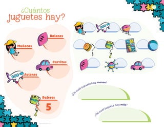 Balones
Muñecas
Aviones
Carritos
Baleros
5
¿D
e
cuál juguete hay más?
¿
D
e
cuál juguete hay menos?
Cuántos
juguetes hay?
?
Esperanza Mendoza Bravo, puebla
19
F2_PREES_3º_Fungible.indb 19
F2_PREES_3º_Fungible.indb 19 09/07/24 11:55
09/07/24 11:55
 
