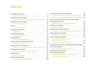 El conejo en la luna 6
¿Qué ves en la luna? 7
El regalo del tlacuache 8
Invento una historia de un animal extraordinario 9
Melodías de mi corazón 10
Me canto una canción 11
Yo soy...  12
Nuestros nombres 13
Mercado de letreros 14
Mi puesto 15
Feria de artesanías 16
Mi muñeca Lele 17
La juguetería 18
¿Cuántos juguetes hay? 19
¿Cómo cuido el entorno natural? 20
Mi entorno natural 21
¡Hacemos un minihuerto! 22
¡Utilizamos los productos de nuestro huerto! 23
El proceso de la leche 24
Los productos de mi comunidad 25
¿Qué suena? 26
¿Cómo me quedó? 27
Historias familiares 28
Los recuerdos familiares de 29
Índice
Los servicios de mi comunidad 30
Lo que mi familia aporta a la comunidad 31
Lo que mi familia necesita de la comunidad 31
En casa, en la escuela y en mi comunidad
están mis derechos 32
Mis derechos se cumplen cuando…  35
Convivir en familia 36
Así es mi familia 37
¡Celebrando la diversidad! 38
Viajemos entre costumbres y tradiciones 39
¿Qué pasó en el parque? 40
¿Cómo lo solucionamos? 42
¿Cómo hago mi huerto? 44
Cosecho, investigo y cocino
lo que da mi huerto 46
Los cuidados de mi huerto 47
Situaciones de riesgo y prevención de desastres
en mi comunidad 48
¿Qué acciones puedo realizar? 50
¿Qué camino tomamos? 52
¡A manipular objetos! 54
¿Quiénes hacen falta y qué hacen? 55
Una visita al mercado 56
F2_PREES_3º_Fungible.indb 5
F2_PREES_3º_Fungible.indb 5 09/07/24 11:54
09/07/24 11:54
 