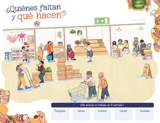 CUIDADO
PISO
MOJADO
Quiénes faltan
qué hacen?
y
?
Manipular Lanzar Sostener Cargar Trasladar
Qué acciones se realizan en el mercado?
?
Belén Itzel Nopal Alvarado, eSTaDO De MÉXICO
55
F2_PREES_3º_Fungible.indb 55
F2_PREES_3º_Fungible.indb 55 09/07/24 11:56
09/07/24 11:56
 