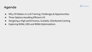 Agenda
● Why I/O Matters in LLM Training: Challenges & Opportunities
● Three Options Handling Eﬀicient I/O
● Designing a H...