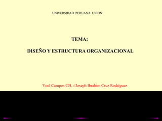 UNIVERSIDAD PERUANA UNION
Yoel Campos CH. //Joseph Ibrahim Cruz Rodríguez
TEMA:
DISEÑO Y ESTRUCTURA ORGANIZACIONAL
 