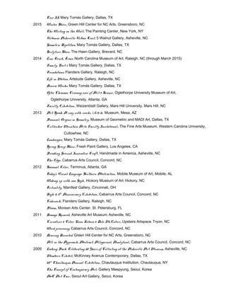Core II, Mary Tomás Gallery, Dallas, TX
2015 Winter Show, Green Hill Center for NC Arts, Greensboro, NC
The Writing on the Wall, The Painting Center, New York, NY
Urbania: Asheville Urban Trail, 5 Walnut Gallery, Asheville, NC
Geometric Repetition, Mary Tomás Gallery, Dallas, TX
Sculpture Show, The Haen Gallery, Brevard, NC
2014 Line, Touch, Trace, North Carolina Museum of Art, Raleigh, NC (through March 2015)
Family: Part 1, Mary Tomás Gallery, Dallas, TX
Foundations, Flanders Gallery, Raleigh, NC
Life in Motion, Artetude Gallery, Asheville, NC
Diverse Works, Mary Tomás Gallery, Dallas, TX
Optic Chiasms: Crossing over of Art & Science, Oglethorpe University Museum of Art,
Oglethorpe University, Atlanta, GA
Faculty Exhibition, Weizenblatt Gallery, Mars Hill University, Mars Hill, NC
2013 Art Speak: A way with words, i.d.e.a. Museum, Mesa, AZ
Biennial: Origins in Geometry, Museum of Geometric and MADI Art, Dallas, TX
Cullowhee Mountain Arts Faculty Invitational, The Fine Arts Museum, Western Carolina University,
Cullowhee, NC
Landscapes, Mary Tomás Gallery, Dallas, TX
Spring Group Show, Fresh Paint Gallery, Los Angeles, CA
Breaking Ground: Innovative Craft, Handmade in America, Asheville, NC
The Edge, Cabarrus Arts Council, Concord, NC
2012 Seasonal Color, Terminus, Atlanta, GA
Today’s Visual Language: Southern Abstraction, Mobile Museum of Art, Mobile, AL
Waking up with van Gogh, Hickory Museum of Art, Hickory, NC
Textuality, Manifest Gallery, Cincinnati, OH
High 5: 5th
Anniversary Exhibition, Cabarrus Arts Council, Concord, NC
Codework, Flanders Gallery, Raleigh, NC
Bloom, Morean Arts Center, St. Petersburg, FL
2011 Homage Squared, Asheville Art Museum, Asheville, NC
Curvature & Color: Kenn Kotara & Dale McEntire, Upstairs Artspace, Tryon, NC
Word processing, Cabarrus Arts Council, Concord, NC
2010 Drawing Revisited, Green Hill Center for NC Arts, Greensboro, NC
All in the Approach: Abstract, Allegorical, Analytical, Cabarrus Arts Council, Concord, NC
2009 Looking Back: Celebrating 60 Years of Collecting at the Asheville Art Museum, Asheville, NC
Members Exhibit, McKinney Avenue Contemporary, Dallas, TX
52nd
Chautauqua Annual Exhibition, Chautauqua Institution, Chautauqua, NY
The Concept of Contemporary Art, Gallery Meepyung, Seoul, Korea
A&C Art Fair, Seoul Art Gallery, Seoul, Korea
 