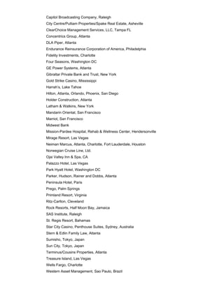 Capitol Broadcasting Company, Raleigh
City Centre/Pulliam Properties/Spake Real Estate, Asheville
ClearChoice Management Services, LLC, Tampa FL
Concentrics Group, Atlanta
DLA Piper, Atlanta
Endurance Reinsurance Corporation of America, Philadelphia
Fidelity Investments, Charlotte
Four Seasons, Washington DC
GE Power Systems, Atlanta
Gibraltar Private Bank and Trust, New York
Gold Strike Casino, Mississippi
Harrah’s, Lake Tahoe
Hilton, Atlanta, Orlando, Phoenix, San Diego
Holder Construction, Atlanta
Latham & Watkins, New York
Mandarin Oriental, San Francisco
Marriot, San Francisco
Midwest Bank
Mission-Pardee Hospital, Rehab & Wellness Center, Hendersonville
Mirage Resort, Las Vegas
Neiman Marcus, Atlanta, Charlotte, Fort Lauderdale, Houston
Norwegian Cruise Line, Ltd.
Ojai Valley Inn & Spa, CA
Palazzo Hotel, Las Vegas
Park Hyatt Hotel, Washington DC
Parker, Hudson, Rainer and Dobbs, Atlanta
Peninsula Hotel, Paris
Prego, Palm Springs
Primland Resort, Virginia
Ritz-Carlton, Cleveland
Rock Resorts, Half Moon Bay, Jamaica
SAS Institute, Raleigh
St. Regis Resort, Bahamas
Star City Casino, Penthouse Suites, Sydney, Australia
Stern & Edlin Family Law, Atlanta
Sumisho, Tokyo, Japan
Sun City, Tokyo, Japan
Terminus/Cousins Properties, Atlanta
Treasure Island, Las Vegas
Wells Fargo, Charlotte
Western Asset Management, Sao Paulo, Brazil
 