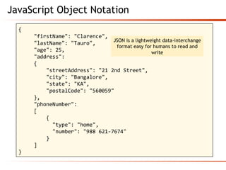 JavaScript Object Notation
{
     "firstName": "Clarence",
     "lastName": "Tauro",
     "age": 25,
     "address":
     {
         "streetAddress": "21 2nd Street",
         "city": "Bangalore",
         "state": "KA",
         "postalCode": "560059"
     },
     "phoneNumber":
     [
         {
           "type": "home",
           "number": "988 621-7674"
         }
     ]
}
JSON is a lightweight data-interchange
format easy for humans to read and
write
 