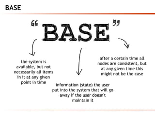 the system is
available, but not
necessarily all items
in it at any given
point in time
after a certain time all
nodes are consistent, but
at any given time this
might not be the case
information (state) the user
put into the system that will go
away if the user doesn't
maintain it
BASE
 