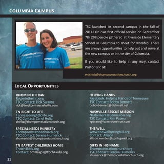 Columbia Campus
ROOM IN THE INN
Roomintheinn.org
TSC Contact: Rick Swayze
rick@truckcenternashville.com
TN RIGHT TO LIFE
Tennesseerighttolife.org
TSC Contact: Carol Holtz
choltz@thompsonstationchurch.org
SPECIAL NEEDS MINISTRY
Thompsonstationchurch.org
TSC Contact: Serena Humerick
shumerick@thompsonstatinchurch.org
TN BAPTIST CHILDRENS HOME
Tnbch4kids.org
Contact: bmillsaps@tbch4kids.org
HELPING HANDS
Facebook: Helping Hands of Tennessee
TSC Contact: Bobby Bennett
bobbybennett@dishmail.net
NASHVILLE RESCUE MISSION
Nashvillerescuemission.org
TSC Contact: Kim Paseur
kpaseur@bakerdonelson.com
THE WELL
www.thewellspringhill.org
Contact: Allison
allison.worden@sprilngwell.org
GIFTS IN HIS NAME
Thompsonstationchurch.org
TSC Contact: Serena Humerick
shumerick@thompsonstationchurch.org
TSC launched its second campus in the fall of
2014! On our first official service on September
7th 298 people gathered at Riverside Elementary
School in Columbia to meet for worship. There
are always opportunities to help out and serve at
the new campus or in the city of Columbia.
If you would like to help in any way, contact
Pastor Eric at:
enichols@thompsonstationchurch.org
Local Opportunities
25
 