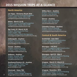 North America
Las Vegas - Christmas Break 2014
Project: Church Planting/Evangelism
Team Leader: Pastor Steve Witt
switt@thompsonstationchurch.org
Maine - March 13-20
Project: Church Planting/Evangelism
Team Leader: Pastor Steve Witt
switt@thompsonstationchurch.org
Big Creek, KY- March 16-20
Project: Ministry to the Poor
Team Leader: TBD
Contact: Pastor Mark Montgomery
mmontgomery@thompsonstationchurch.org
Indianapolis - Anytime
Project: Church Planting
Contact: Jeremiah Brown
jeremiah@generationchurch.com
Tucson - Anytime
Project: Church Planting
Contact: Steve Chamblee
steve@gracefellowshipaz.org
Alabama - Anytime
Project: Disaster Relief
Contact: Sonja Scales
sonja@sonjascales.com
Southwest/Eastern US - Anytime
Project: Disaster Relief Trips
Team Leader: Greg Cash
gcash1024@aol.com
Cincinnati - Dates TBD
Project: Church Planting
Contact: Pastor Reagan Wagoner
Reagan@thompsonstationchurch.org
Wilkes-Barre - Anytime
Project: Church Planting
Contact: Dan Nichols
dan@restoredchurch.org
Denver - Anytime
Project: Church Planting
Contact: Ben Mandrell
storylinefellowship.com
Columbia Campus - Anytime
Project: Church Planting
Contact: Pastor Eric Nichols
enichols@thompsonstationchurch.org
Central & South America
Guatemala - June 2015
Project: Evangelism/Construction
Team Leader: Crystal Waller
crystalwaller@bellsouth.net
Nicaragua - Fall 2015
Project: Evangelism/Light Construction
Team Leader: Rhonda Brady
rbrady@thompsonstationchurch.org
Nicaragua- April 25 - May 2
Project: Construction/Church Planting
Team Leader: Brent Jones
brent@allstateplastering.com
Uruguay - March 13 -March 21
Project: Evangelism/Community Outreach
Team Leader: Ashley Vantrease
avantrease@thompsonstationchurch.org
Uruguay - November 2015
Project: Construction/Church Planting
Team Leader: Ruben Gutierrez
Ruben.Gutierrez@ABILITYnetwork.com
2015 MISSION TRIPS AT A GLANCE
3
 