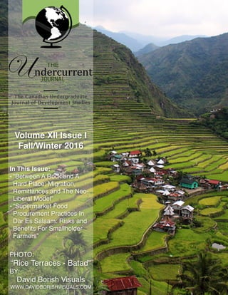 1
The Canadian Undergraduate
Journal of Development Studies
Undercurrent
THE
JOURNAL
Volume XII Issue I
Fall/Winter 2016
In This Issue:
• “Between A Rock and A
Hard Place: Migration,
Remittances and The Neo-
Liberal Model”
• “Supermarket Food
Procurement Practices In
Dar Es Salaam: Risks and
Beneﬁts For Smallholder
Farmers”
PHOTO:
“Rice Terraces - Batad”
BY:
David Borish Visuals
WWW.DAVIDBORISHVISUALS.COM
 