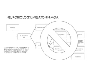 MT1 Receptors in
SCN
Forebrain/Thalamus
Attention, memory,
emotion, psychomotor
performance,
sensorimotor integration
Hypothalamus
Anterior pituitary Hormone levels
Hypothalamus
Body temperature,
metabolism, ANS
function, sleep-wake
cycles
Brain stem reticular
formation
ANS function, sleep-
wake cycles
Pineal gland Melatonin
Melatonin
Activation of MT1 receptors is
the likely mechanism of how
melatonin regulatessleep2
 