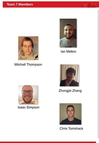 Ian Melton
Isaac Simpson
Zhongjie Zhang
Mitchell Thompson
Chris Tomshack
Team 7 Members
 