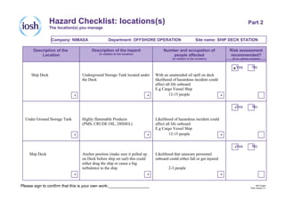 MS Project
Pack version 3.1
Part 2Hazard Checklist: locations(s)
Company: NIMASA Department: OFFSHORE OPERATION Site name: SHIP DECK STATION
Description of the
Location
Description of the hazard
(in relation to the location)
Number and occupation of
people affected
(in relation to the location)
Risk assessment
recommended?
(If no, please explain)
Ship Deck Underground Storage Tank located under
the Deck
With an unattended oil spill on deck
likelihood of hazardous incident could
affect all life onboard
E.g Cargo Vessel Ship
12-15 people
Yes No
Under Ground Storage Tank Highly flammable Products
(PMS, CRUDE OIL, DISSEL)
Likelihood of hazardous incident could
affect all life onboard
E.g Cargo Vessel Ship
12-15 people
Yes No
Ship Deck Anchor position (make sure it pulled up
on Deck before ship set sail) this could
either drag the ship or cause a big
turbulence to the ship
Likelihood that unaware personnel
onboard could either fall or get injured
2-3 people
Yes No
***
*
*
***
***
The location(s) you manage
*
Please sign to confirm that this is your own work:__________________
 