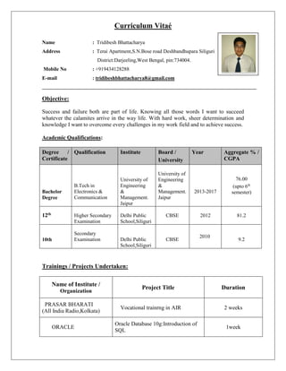 Curriculum Vitaé
Name : Tridibesh Bhattacharya
Address : Terai Apartment,S.N.Bose road Deshbandhupara Siliguri
District:Darjeeling,West Bengal, pin:734004.
Mobile No : +919434128288
E-mail : tridibeshbhattacharya8@gmail.com
Objective:
Success and failure both are part of life. Knowing all those words I want to succeed
whatever the calamites arrive in the way life. With hard work, sheer determination and
knowledge I want to overcome every challenges in my work field and to achieve success.
Academic Qualifications:
Degree /
Certificate
Qualification Institute Board /
University
Year Aggregate % /
CGPA
Bachelor
Degree
B.Tech in
Electronics &
Communication
University of
Engineering
&
Management.
Jaipur
University of
Engineering
&
Management.
Jaipur
2013-2017
76.00
(upto 6th
semester)
12th
Higher Secondary
Examination
Delhi Public
School,Siliguri
CBSE 2012 81.2
10th
Secondary
Examination Delhi Public
School,Siliguri
CBSE
2010
9.2
Trainings / Projects Undertaken:
Name of Institute /
Organization
Project Title Duration
PRASAR BHARATI
(All India Radio,Kolkata)
Vocational trainrng in AIR 2 weeks
ORACLE
Oracle Database 10g:Introduction of
SQL
1week
Please affix a
Passport size
photo here
 