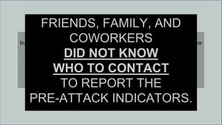 The EAPand
WHY IT IS IMPORTANT
In every active shooter or incident of mass violence, coworkers, friends, or
family noticed the pre-attack indicators displayed by the assailant.
HOWEVER…
FRIENDS, FAMILY, AND
COWORKERS
DID NOT KNOW
WHO TO CONTACT
TO REPORT THE
PRE-ATTACK INDICATORS.
 