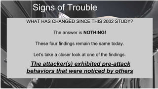 Signs of Trouble
WHAT HAS CHANGED SINCE THIS 2002 STUDY?
The answer is NOTHING!
These four findings remain the same today.
Let’s take a closer look at one of the findings.
The attacker(s) exhibited pre-attack
behaviors that were noticed by others
 