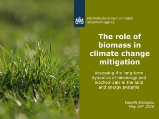 The role of
biomass in
climate change
mitigation
Assessing the long-term
dynamics of bioenergy and
biochemicals in the land
and energy systems
Vassilis Daioglou
May 26th 2016
 