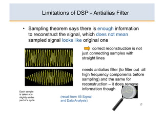 Limitations of DSP - Antialias Filter

   •  Sampling theorem says there is enough information
      to reconstruct the signal, which does not mean
      sampled signal looks like original one
                                               correct reconstruction is not
                                         just connecting samples with
                                         straight lines

                                         needs antialias filter (to filter out all
                                         high frequency components before
                                         sampling) and the same for
                                         reconstruction – it does remove
                                         information though
Each sample
is taken at a
slightly earlier          (recall from 1B Signal
part of a cycle           and Data Analysis)
                                                                              17
 