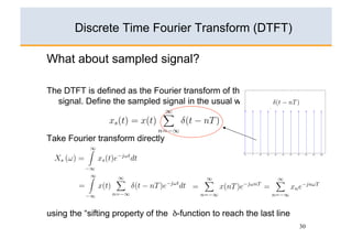 n = 0, ±1, ±2, . . . , ±∞ is given=
                           X (ω) by                xn e−jnωT .∞ X (ω) =Timex(t)e Transform (DTFT) of a sampled sequen
                                                           1. The Discrete  Fourier dt.
                                                                 {xn }, n = 0, ±1, ±2, . . . , ±∞ is given by
                                ∞      n=−∞X (ω) =                   xn e−jnωT .−∞
                 X (ω) =              xn e−jnωT .              n=−∞                                    ∞
.
                        Discrete Time Fourier Transform (DTFT)
                           3.
                          n=−∞                                                              X (ω) =       xn e−jnωT .
                                                                                                          n=−∞
    2.                                     ∞                                               ∞
                          X (ω) =              x(t)e    −jωt    2.
                                                               dt.     xs (t) = x(t)             δ(t − nT )
              What = x(t)esampled signal? dt.
                     about X dt. = x(t)e−jωt
                               ∞        −∞
                                                                ∞                      n=−∞                ∞

               X (ω)         (ω)         −jωt                                                   X (ω) =        x(t)e−jωt dt.
.                              4.                                                                         −∞
                            −∞                                 −∞
                                                                                       ∞
                                               ∞                3.
              The DTFT is= x(t)
                    xs (t) defined as the nT ) Xs transform sof the sampled
                                     δ(t − Fourier (ω) =    x (t)e−jωt dt ∞
    3.          signal. Define the sampled signal in the usual way:
                                n=−∞                     −∞   xs (t) = x(t) δ(t − nT )
                           ∞
                                                                                                           n=−∞
               xs (t) = x(t)      δ(t − nT )                         ∞
.                          5.n=−∞ x (t) = x(t)
                                   s          4.                          δ(t − nT )
                                           ∞
                                                                 n=−∞ ∞                ∞                   ∞
              Take Fourier transform directly =
                     Xs (ω) =     xs (t)e Xdt(ω)
                                           s
                                                         −jωt
                                                                               x(t)            δ(t (ω)nT )e−jωt dt dt
                                                                                               Xs − =      xs (t)e−jωt
    4.                         ∞        −∞                                −∞          n=−∞                −∞

                 Xs (ω) =           xs (t)e
                                          −jωt
                                                   dt            1. The Discrete Time Fourier Transform (DTFT) of a sam
.                                                               5. {x }, n = 0, ±1, ±2, . . . , ±∞ is given by
                                                                 ∞
                             6.
                            −∞                                        n
                              ∞            Xs (ω) =
                                           ∞                         xs (t)e−jωt dt (ω) =
                                                                                 ∞
                                                                                 X
                                                                                                   ∞

                                                                                                       x(t)
                                                                                                           ∞
                                                                                                                  δ(t∞ nT )e−jωt dt
                                                                                                                     −
                                                                                       s
                 Xs (ω) =           x(t)           δ(t −   nT )e−jωt dt
                                                           −∞ Xs (ω)           =           x(nT )eX (ω) =
                                                                                              −∞
                                                                                                       −jωnT
                                                                                                     n=−∞                 xn e
                                                                                                                             −jnωT
                                                                                                                                      .
                    ∞       −∞             n=−∞                                    n=−∞                           n=−∞
                              ∞
    5.   Xs (ω) =       x(t)                   )e−jωt6.
                                      δ(t − nT the sampling interval.
                                    where T is       dt
.                        n=−∞
                                                      2.
              using the “sifting property of the δ-function to reach the last line
                                                                       ∞
                 −∞
                                                   ∞
                                                                                 −jωnT
                                                                                               Xs (ω) =         x(nT )e
                                                                                                                   ∞
                                (a) Explain how
                                           ∞
                                                                 the
                                                     problems with computing the DTFT on a digital
                                                                  ∞            n=−∞            30
                        Xs (ω) (ω) = x(nT )e−jωnT δ(t − nT )e−jωt dtX (ω) =
                           Xs  =           x(t) be overcome by choosing a                 x(t)e−jωt dt.
                                    computer can where T is the sampling interval. uniformly spaced grip
                                  n=−∞
                            ∞                   n=−∞                                   −∞
                                    of −∞ frequencies covering the range of ω from 0 to 2π/T and
                                       N
 